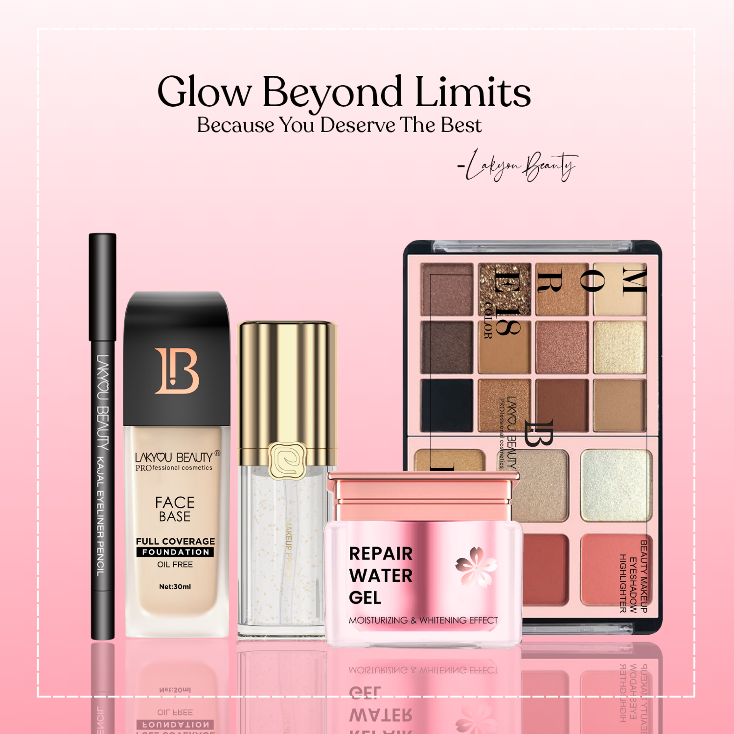Cosmetic products with 'Lakyou Beauty' branding on a pink background