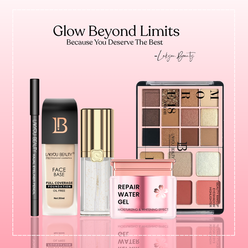 Cosmetic products with 'Lakyou Beauty' branding on a pink background