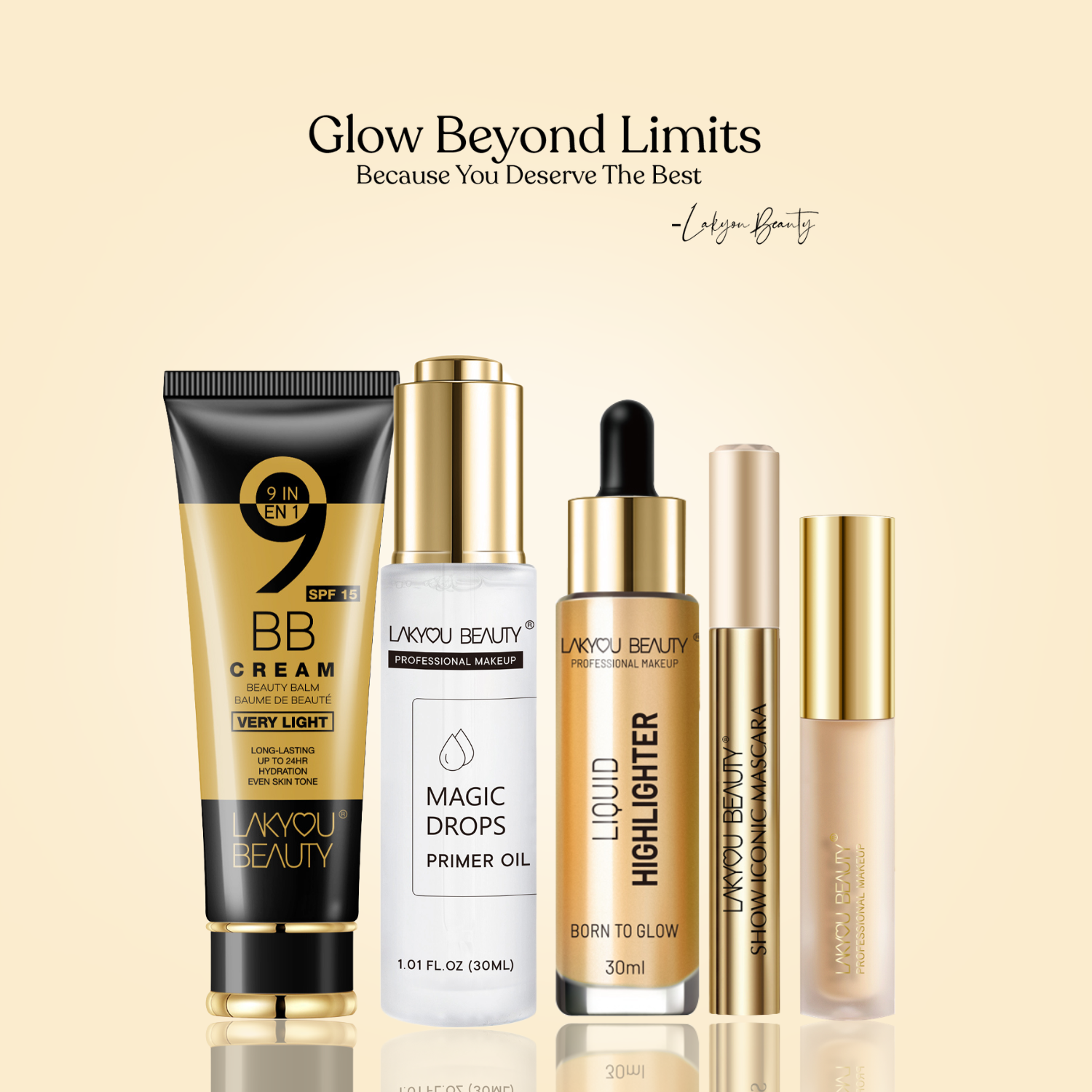 Set of Lakyou Beauty skincare and makeup products on a beige background with 'Glow Beyond Limits' text.