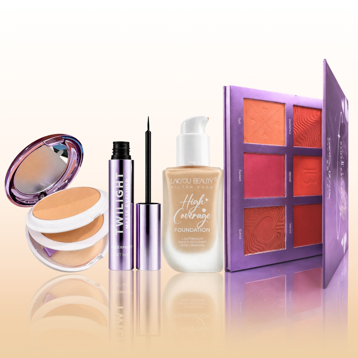 Makeup products including a compact, eyeliner, foundation bottle, and palette on a reflective surface.