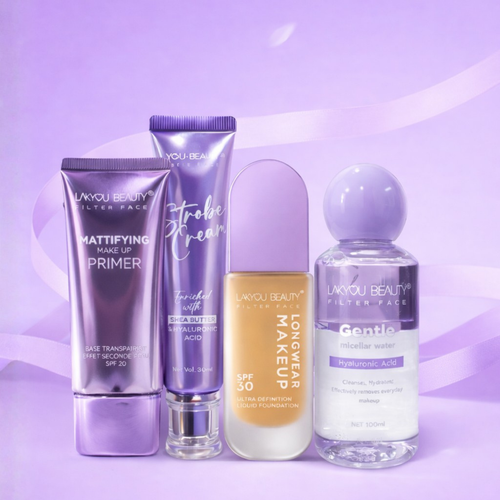 Set of makeup products including a primer, foundation, and water bottle on a purple background