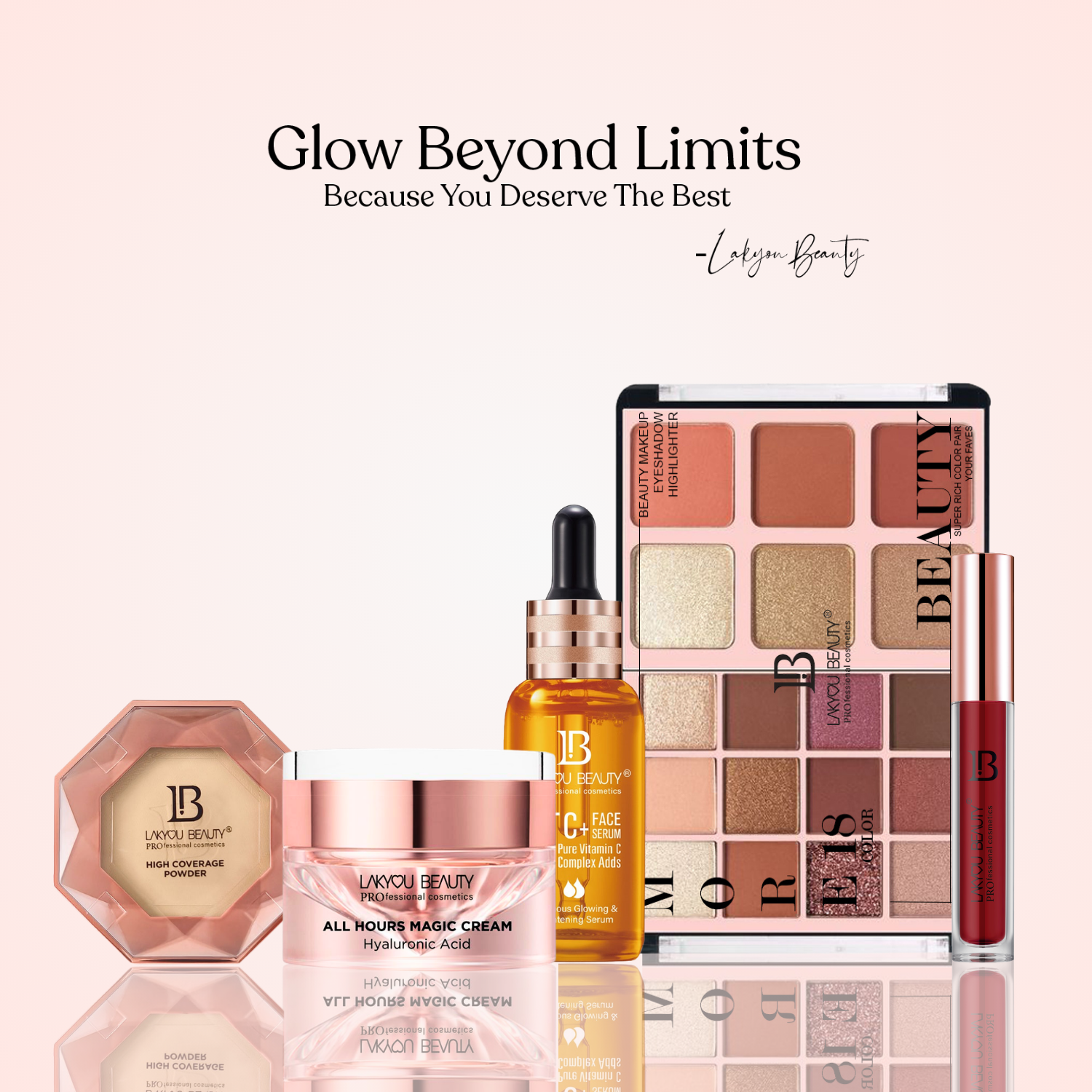 Collection of beauty products with 'Lakyou Beauty' branding on a light pink background.
