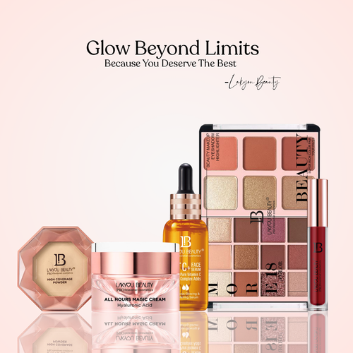 Collection of beauty products with 'Lakyou Beauty' branding on a light pink background.