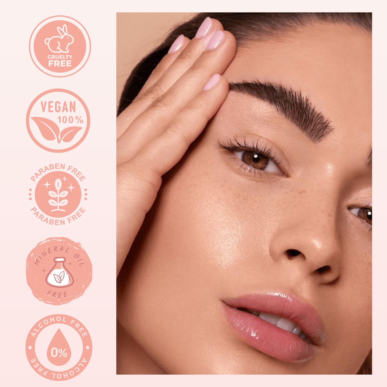 Woman applying makeup with cosmetic brand icons indicating cruelty-free, vegan, paraben-free, mineral-free, and alcohol-free products.