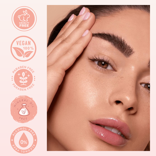 Woman applying makeup with cosmetic brand icons indicating cruelty-free, vegan, paraben-free, mineral-free, and alcohol-free products.