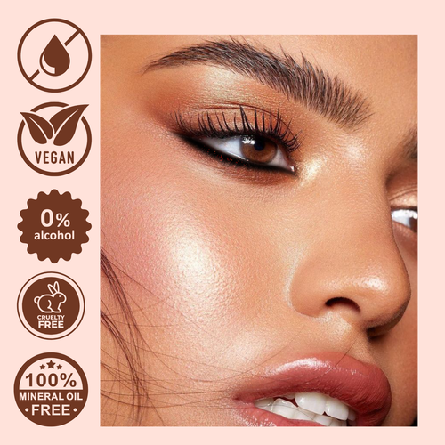 Close-up of a woman's face with cosmetic product features on a beige background