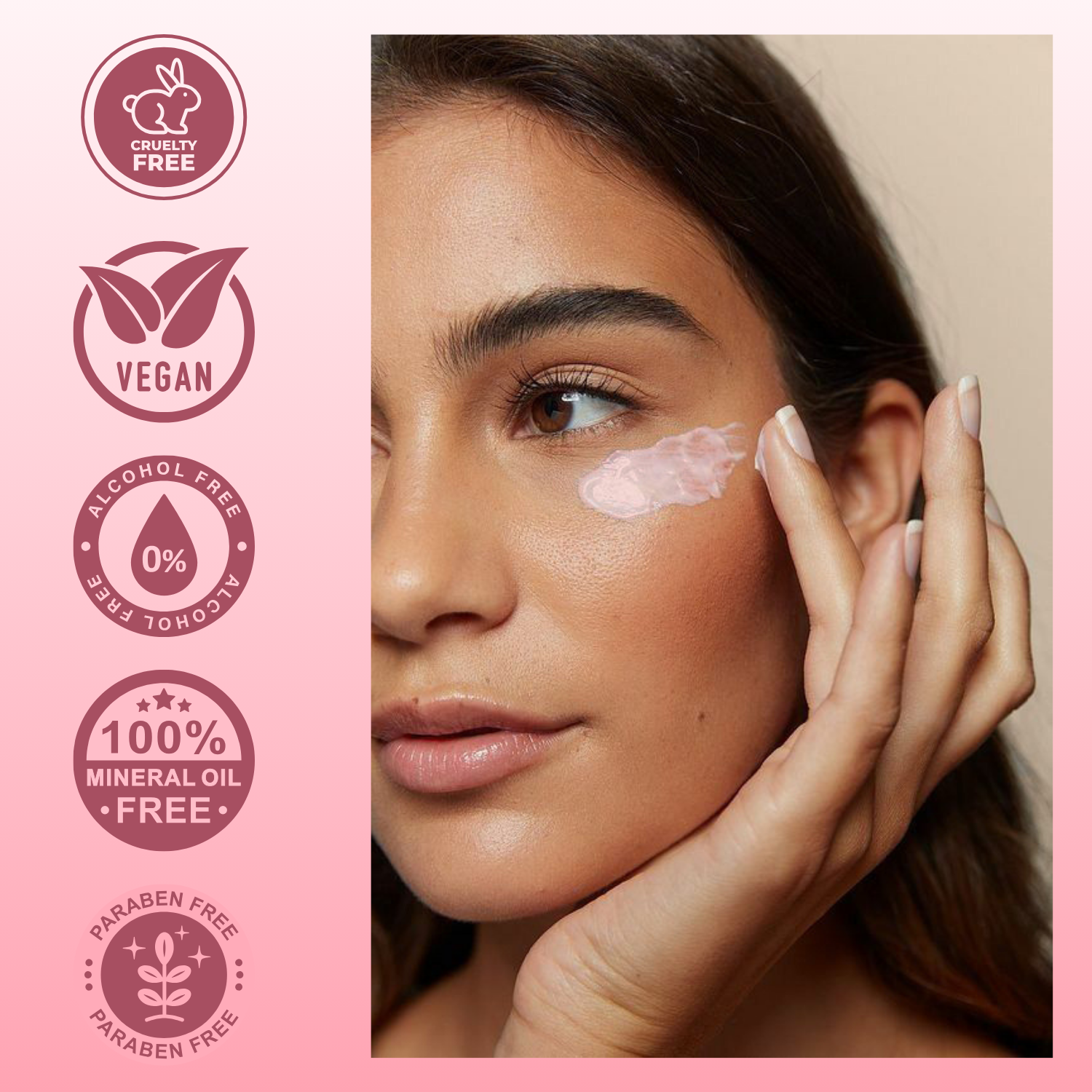 Woman applying cream to her face with product features on a pink background