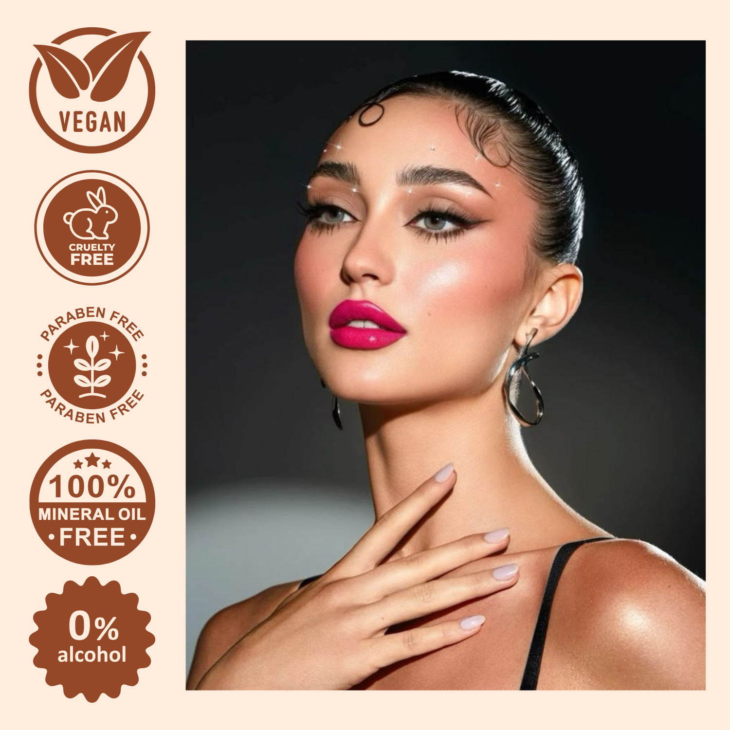 Woman with makeup and vegan, cruelty-free, paraben-free, pakoaben-free, mineral oil-free, and alcohol-free product features on a beige background.