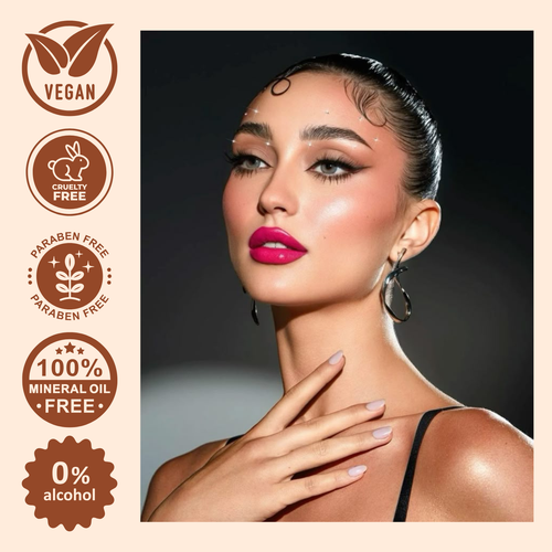 Woman with makeup and vegan, cruelty-free, paraben-free, pakoaben-free, mineral oil-free, and alcohol-free product features on a beige background.