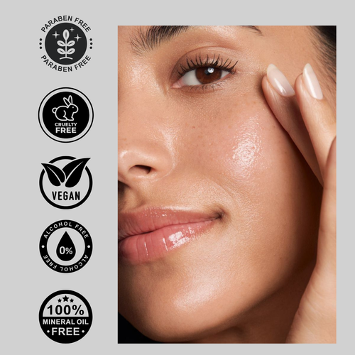 Close-up of a woman's face with product certification icons on a light gray background
