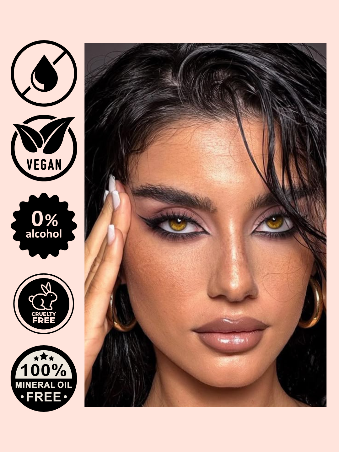 Woman with makeup and product features on a beige background