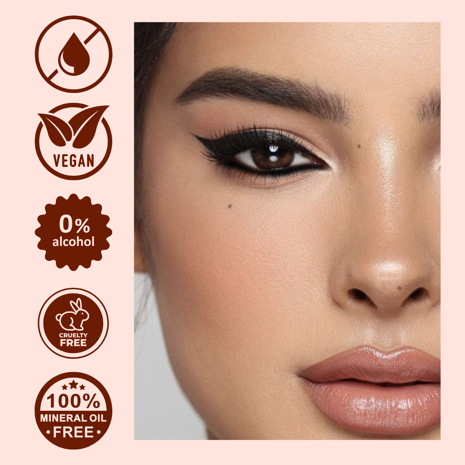 Close-up of a woman's face with makeup, featuring vegan, alcohol-free, cruelty-free, and mineral oil-free product icons on the left.