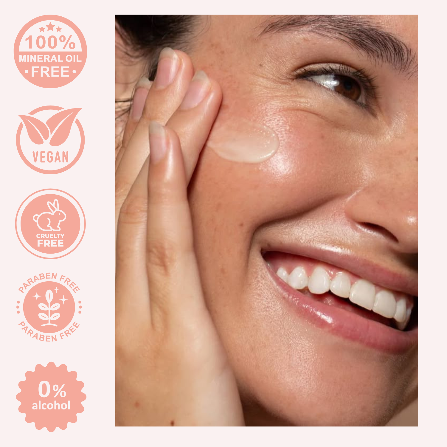 Woman applying skincare product with brand icons on the left