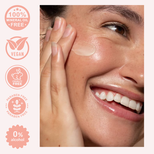 Woman applying skincare product with brand icons on the left