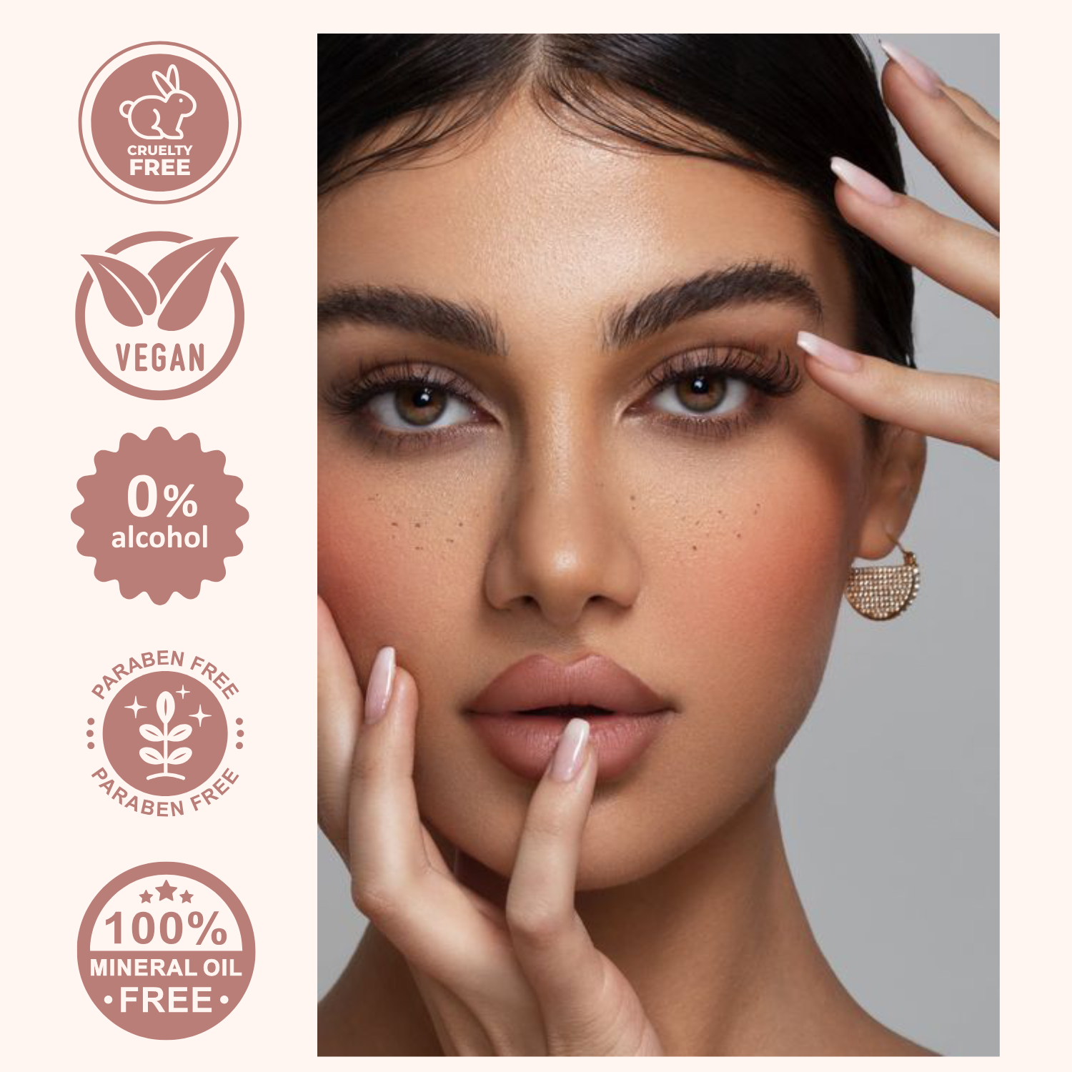 Woman applying makeup with product features on the side
