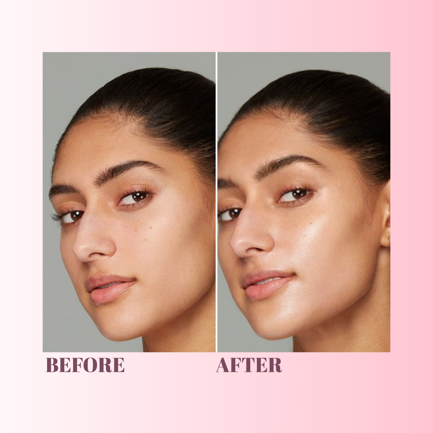 Before and after comparison of a woman's face with a pink background