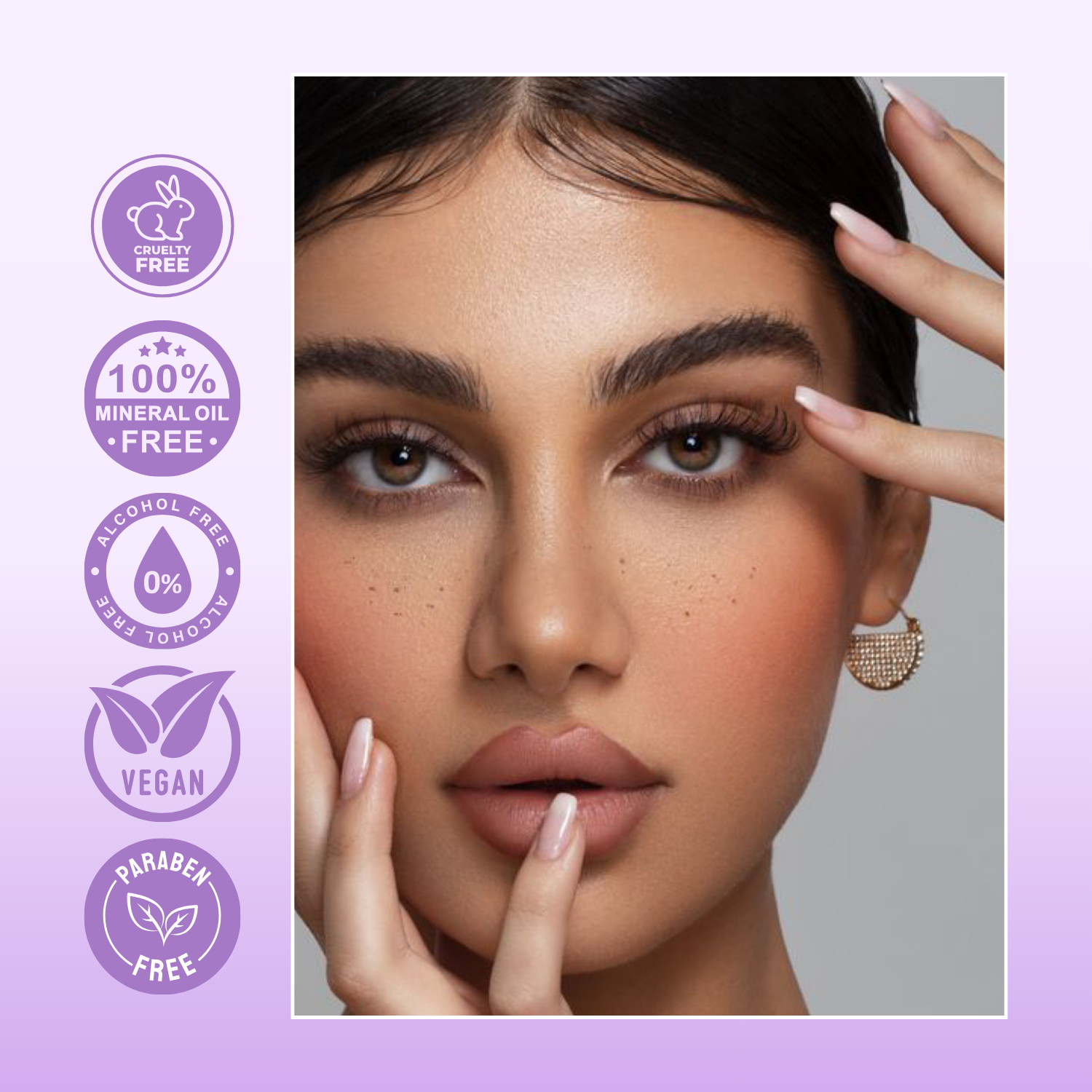 Woman applying makeup with product safety features displayed on a purple background