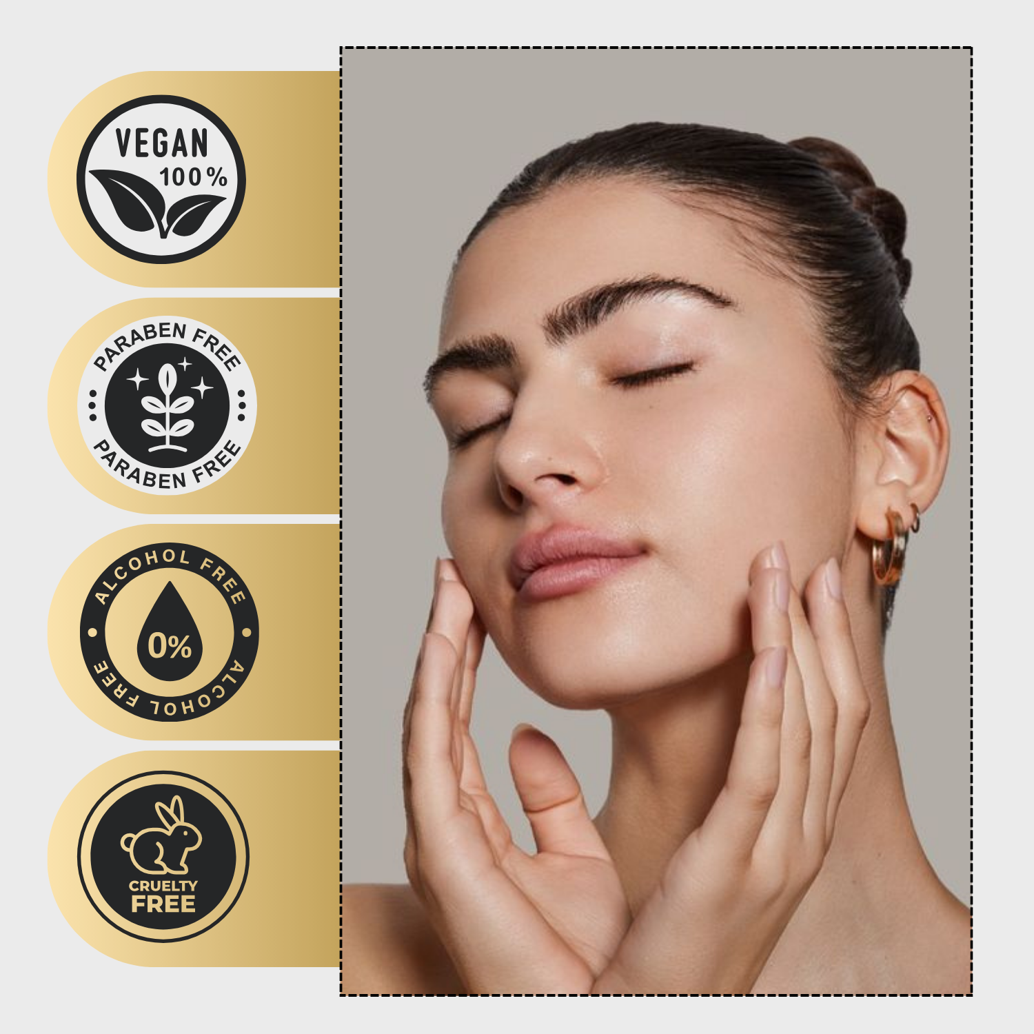 Woman touching her face with product packaging featuring vegan, paraben-free, alcohol-free, and cruelty-free labels.