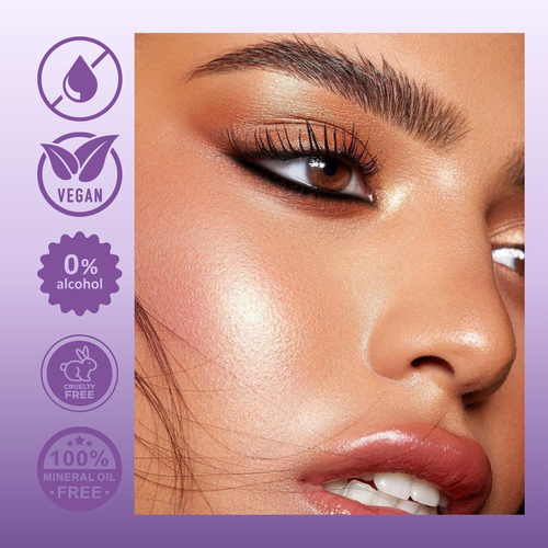 Close-up of a woman's face with cosmetic product features on a purple background