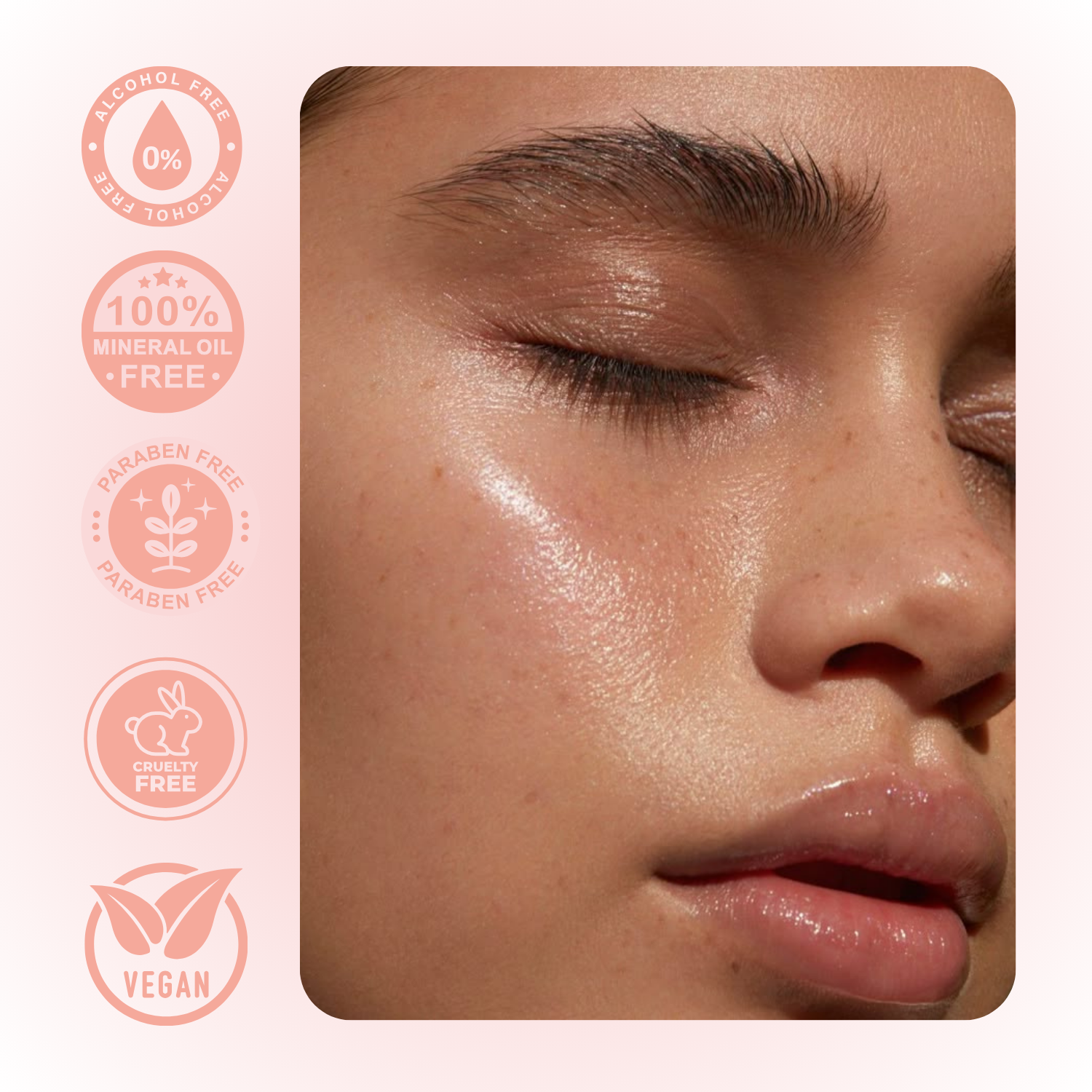 Close-up of a person's face with product packaging featuring icons and text on a white background