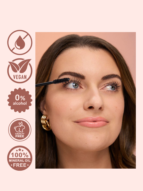 Woman applying mascara with product features highlighted on a beige background