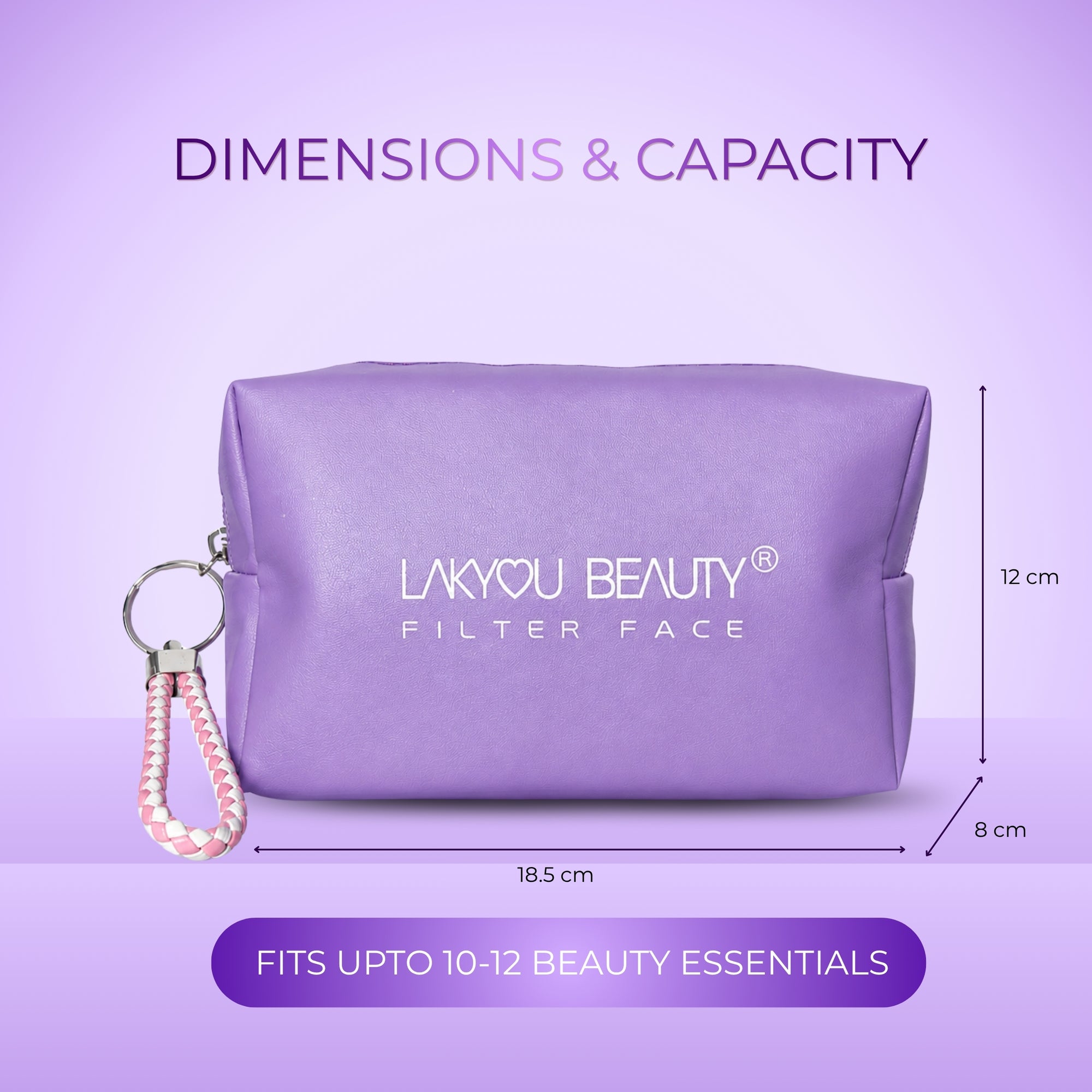 Purple cosmetic bag with keychain and dimensions on a purple background