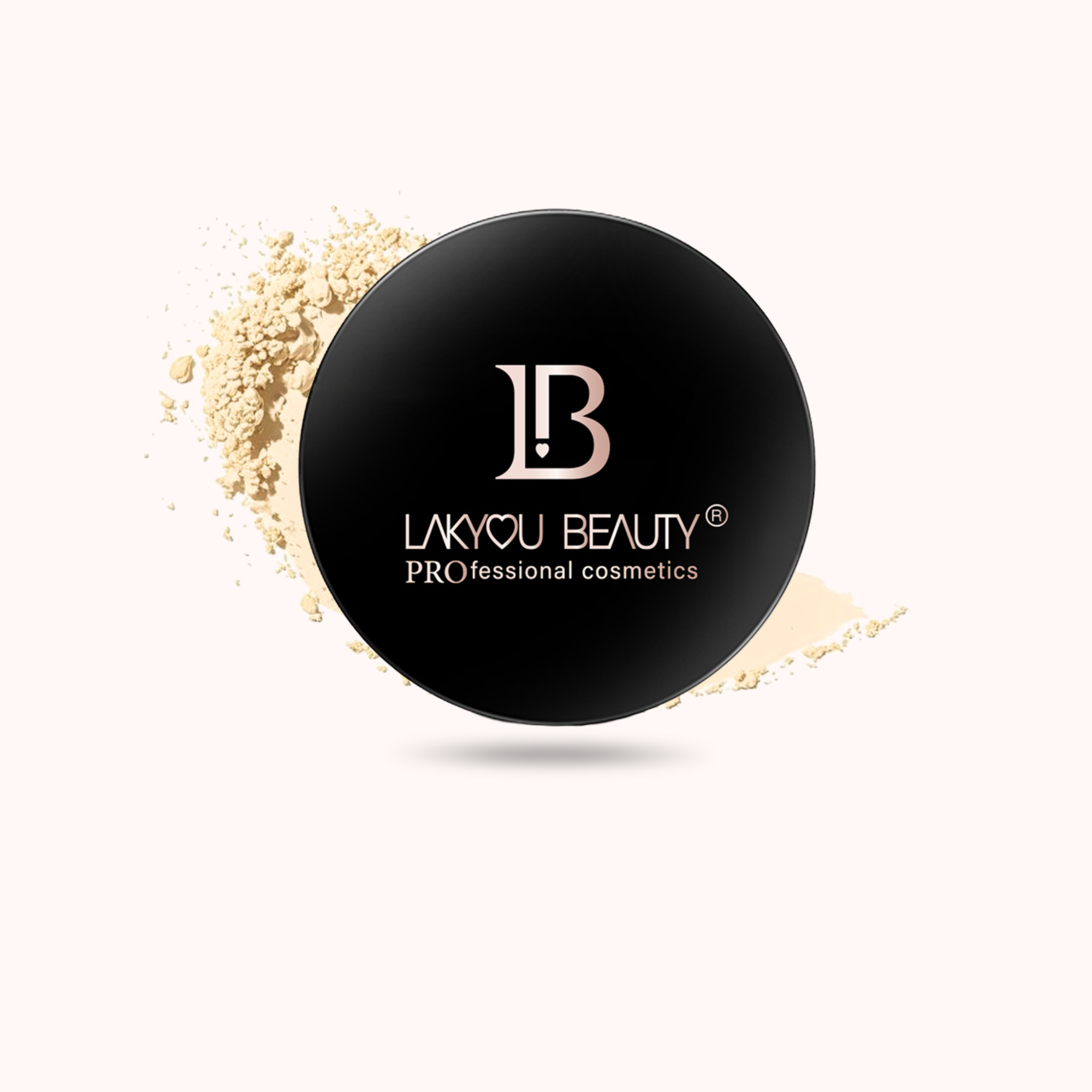 A round black makeup compact lid with the brand name 'LAKYOU BEAUTY' printed in white, shown with beige powder scattered behind it on a pale pink background.