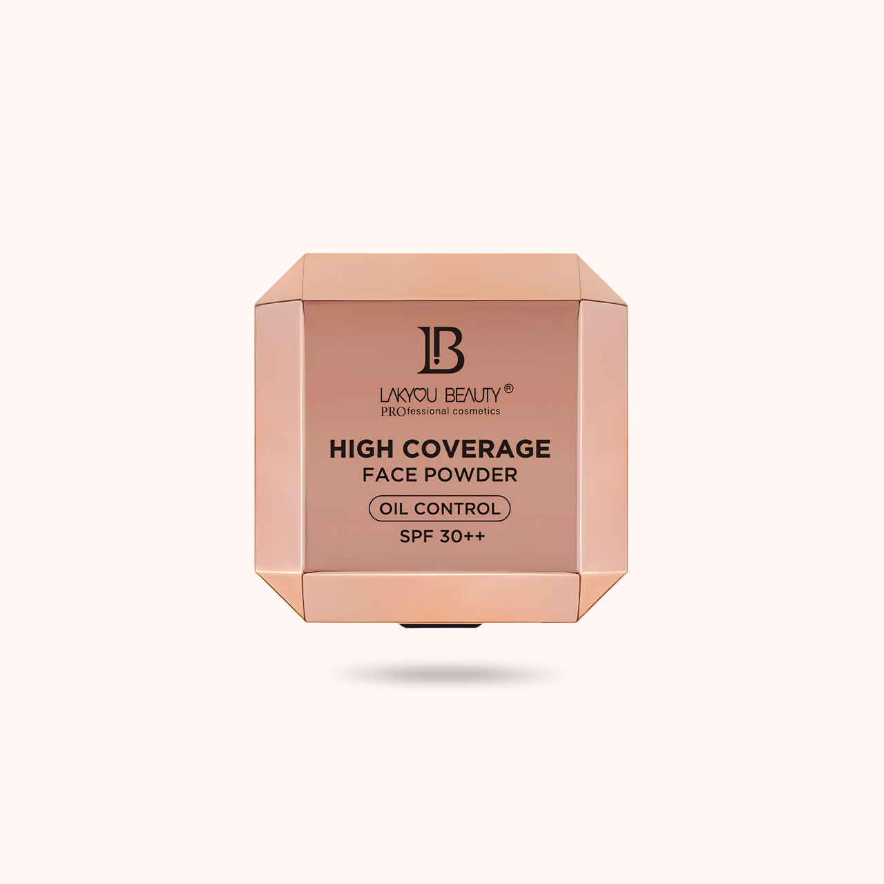 A faceted square compact of LAKYOU BEAUTY High Coverage Face Powder in a warm metallic rose gold color, centered on a solid off-white background.