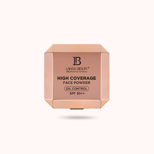 A faceted square compact of LAKYOU BEAUTY High Coverage Face Powder in a warm metallic rose gold color, centered on a solid off-white background.