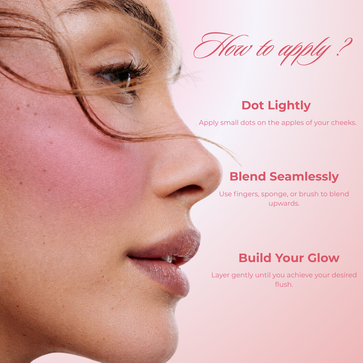 Close-up of a woman's face with blush application instructions on a pink background