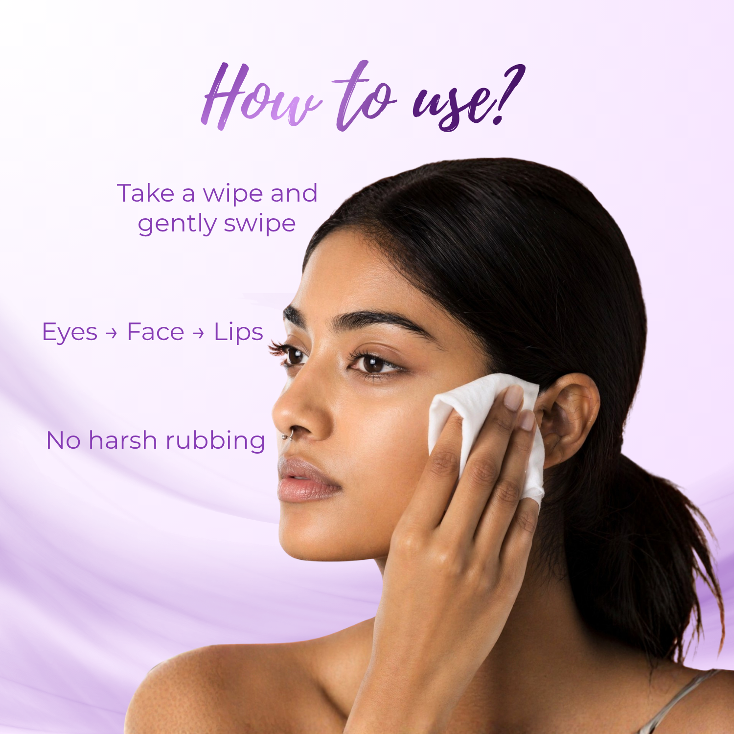 Woman using a facial wipe with text on how to use it on a purple background