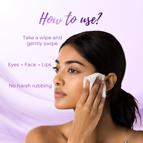 Woman using a facial wipe with text on how to use it on a purple background