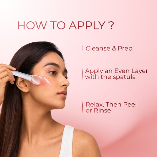 Woman applying a facial product with text on how to use it on a pink background