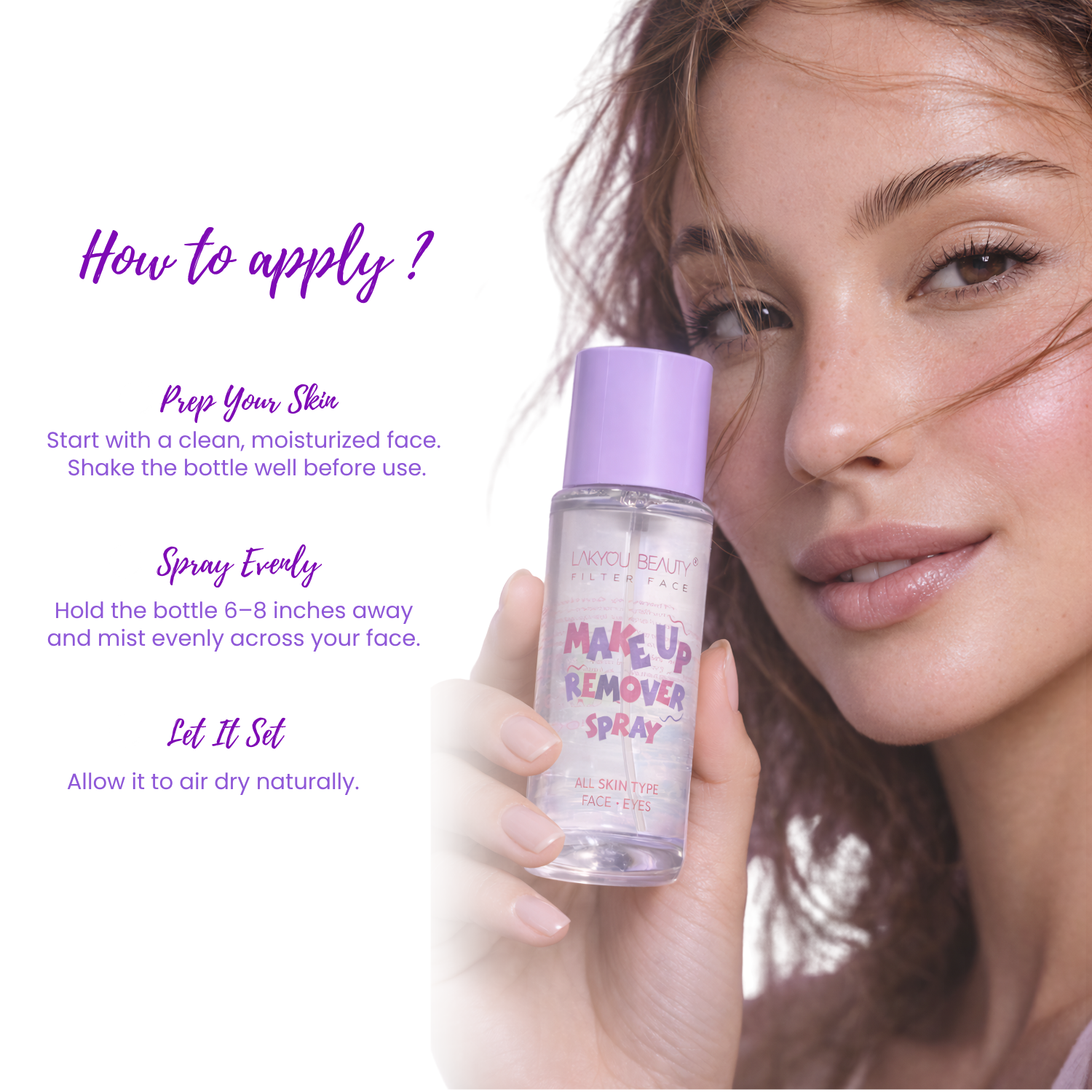 Make-up remover spray bottle held by a person with application instructions on a white background