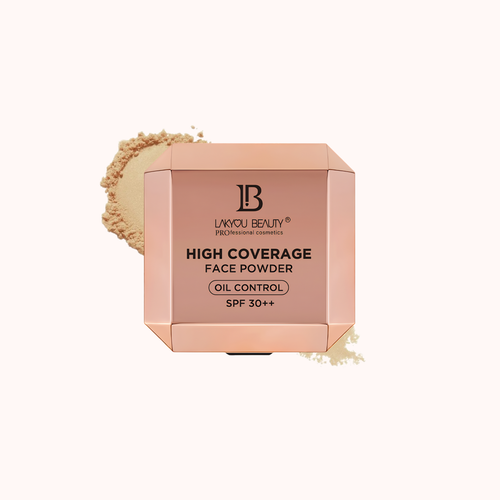 A square compact-style box of Lakyou Beauty High Coverage Face Powder in a warm peach-pink shade, shown on a very light cream background with a small amount of loose powder visible behind it.
