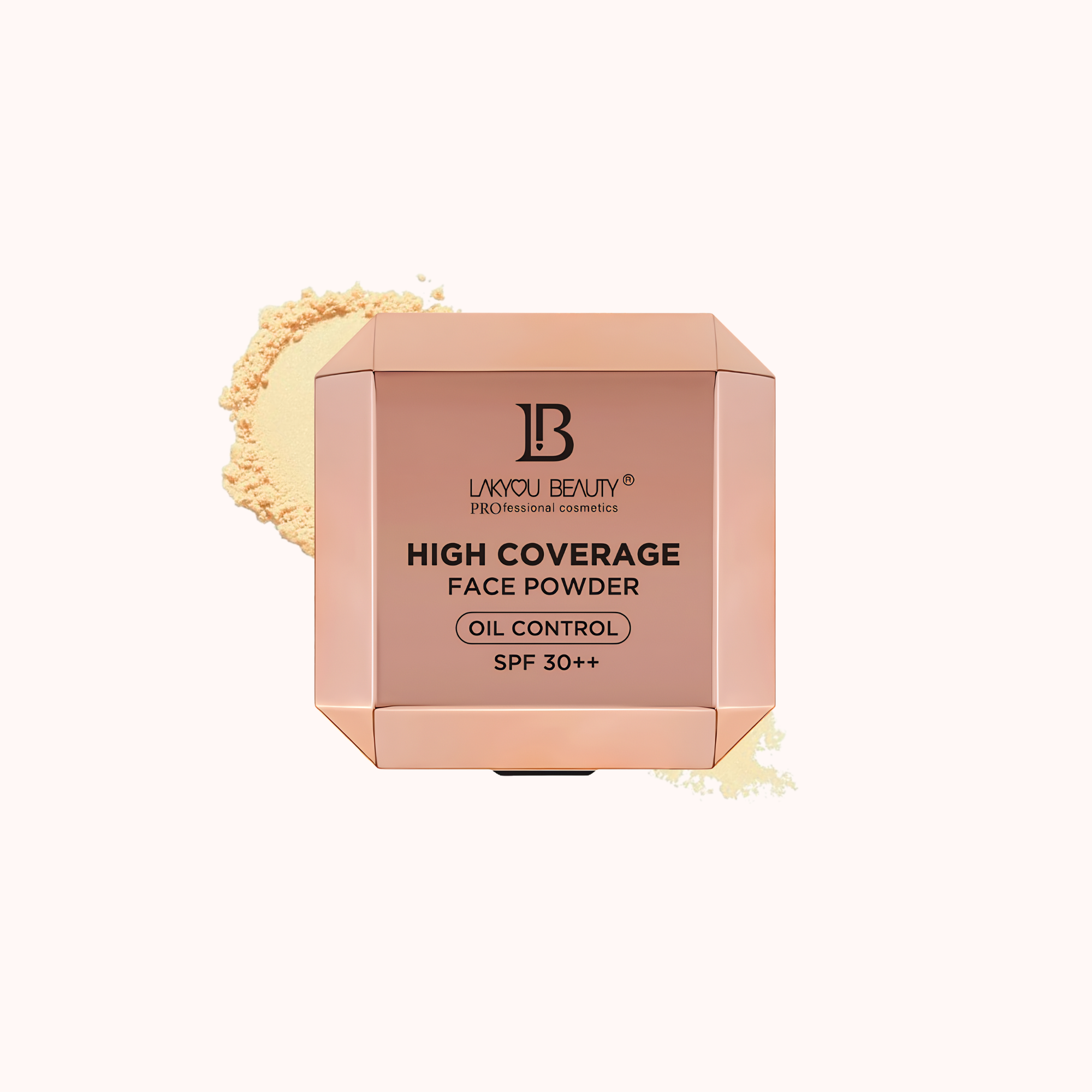 A square metallic rose gold box of Lakyou Beauty High Coverage Face Powder SPF 30+ on a light cream background, with a small amount of loose beige powder visible behind and below the box.