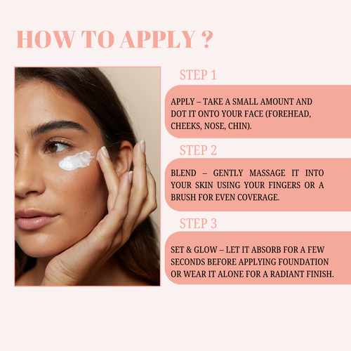 Instructions on how to apply a skincare product with a close-up of a woman's face.