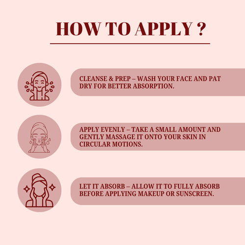 Instructions on how to apply a product with icons and text on a pink background