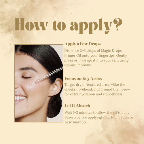 Instructions on applying a primer oil with an image of a woman's face.