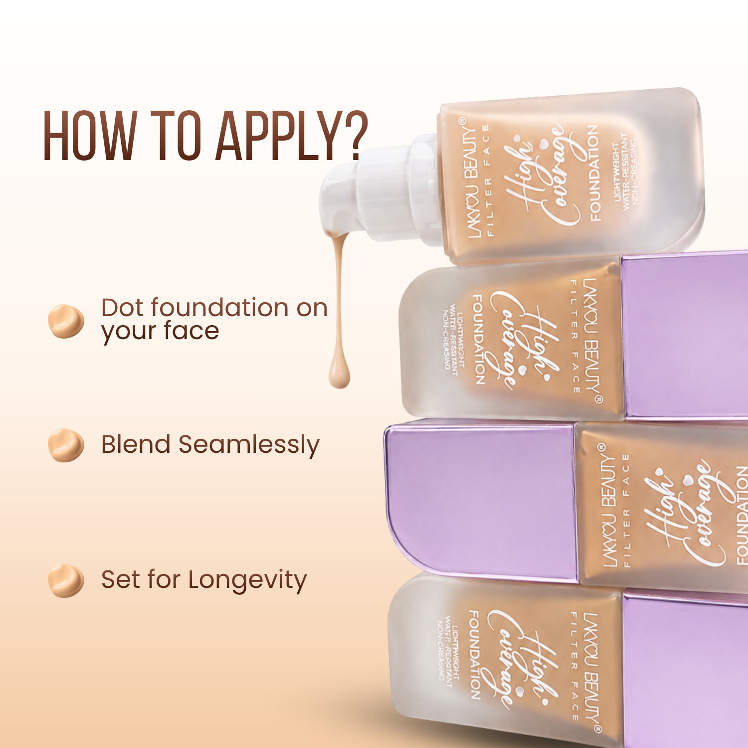 Lakme foundation bottles with application instructions on a beige background
