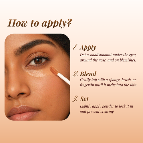Instructions on how to apply concealer with a close-up of a woman's face.