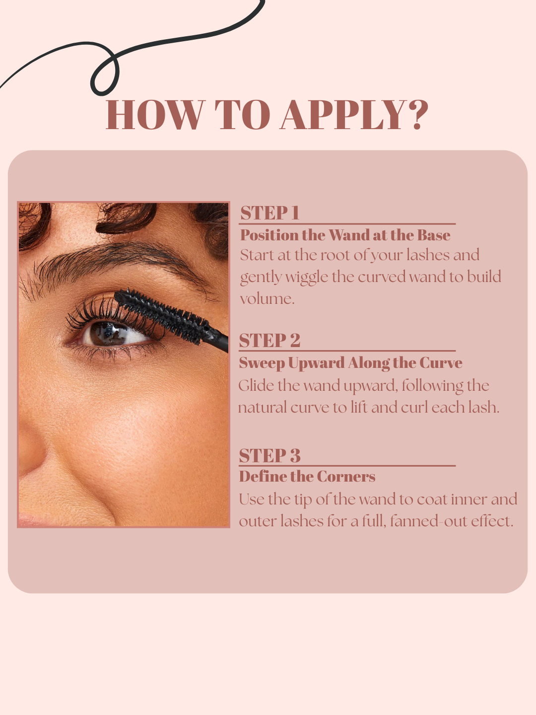 Instructions on how to apply eyelash extensions with a close-up of eyes wearing extensions.