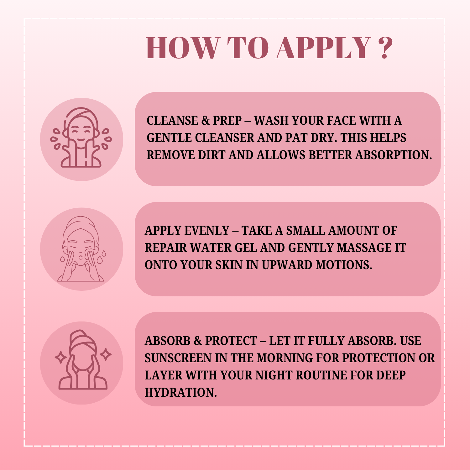 Instructions on how to apply a repair water gel with icons and text on a pink background