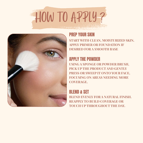 Instructions on how to apply powder with a brush and text overlay.