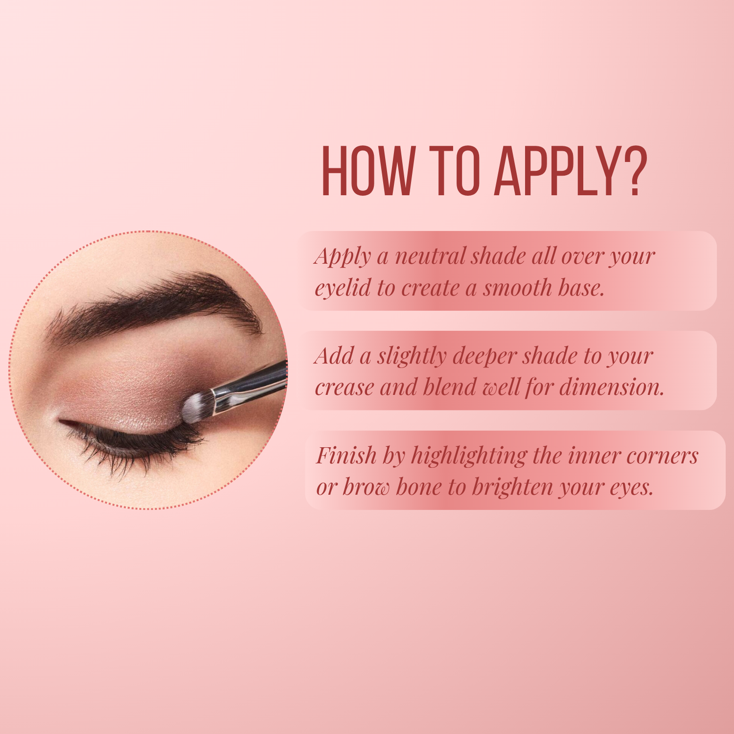 Eyebrow and eye makeup application guide with text on a pink background
