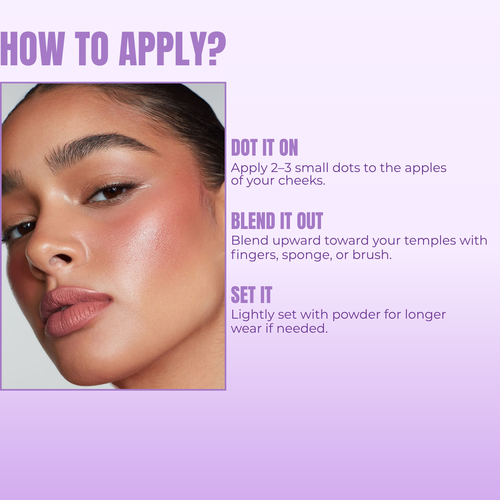 Instructions on how to apply makeup with a close-up of a woman's face and text on a purple background.