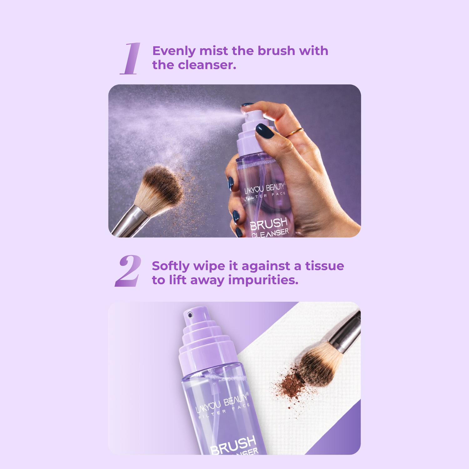 Step-by-step guide on using a makeup brush cleaner with text instructions on a purple background.