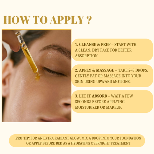Instructions on applying a skincare product with text overlay