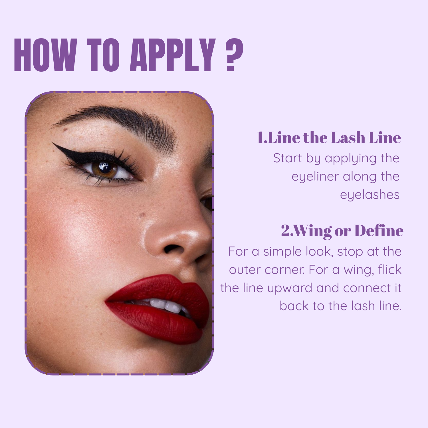 Instructions on applying eyeliner with a close-up of a woman's face on a purple background.