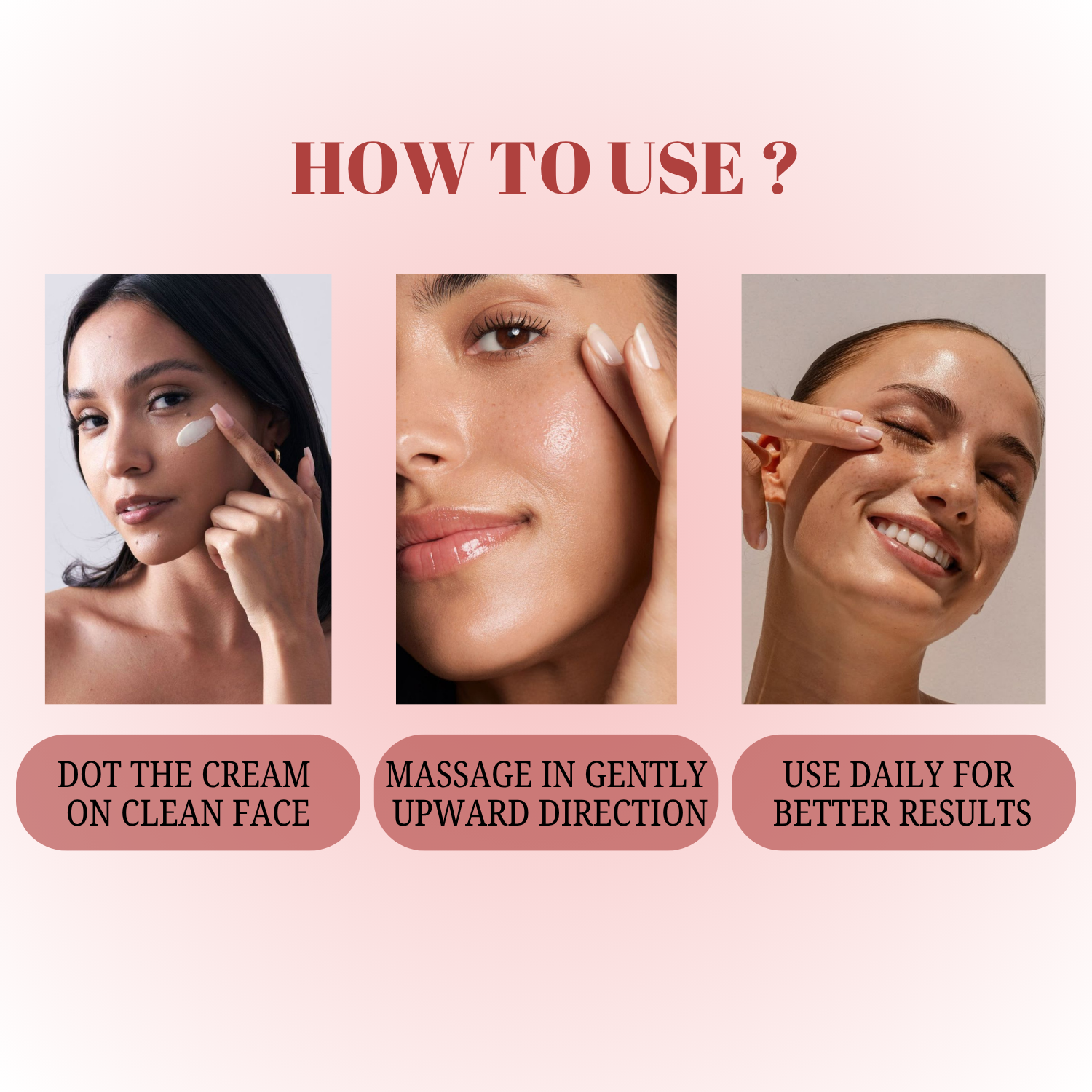 Instructions on how to use a skincare product with images of a woman applying cream.